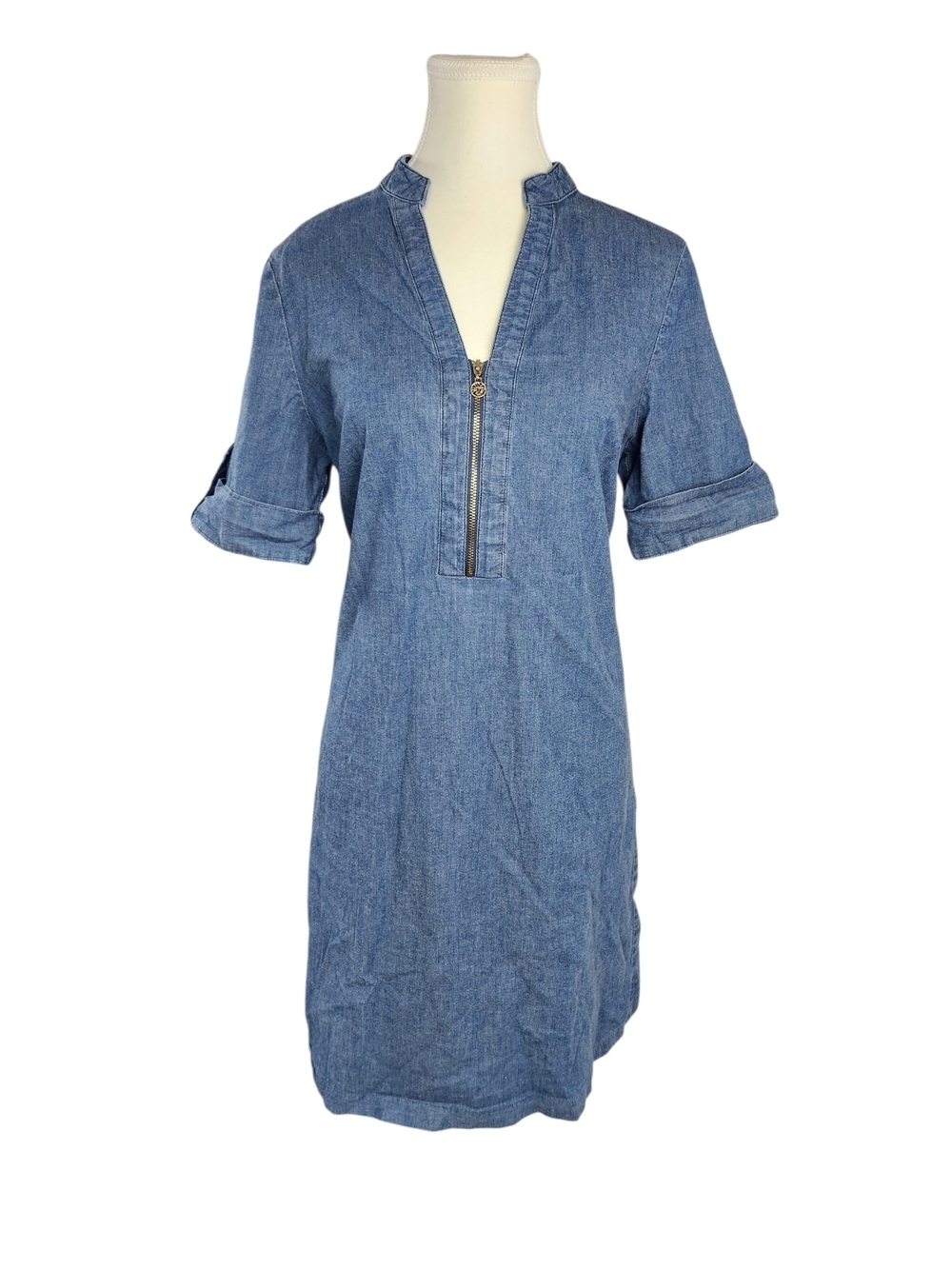 Anne Klein Denim Dress Womens 10 Med Chambray Blue Zip Front Shirt Dress